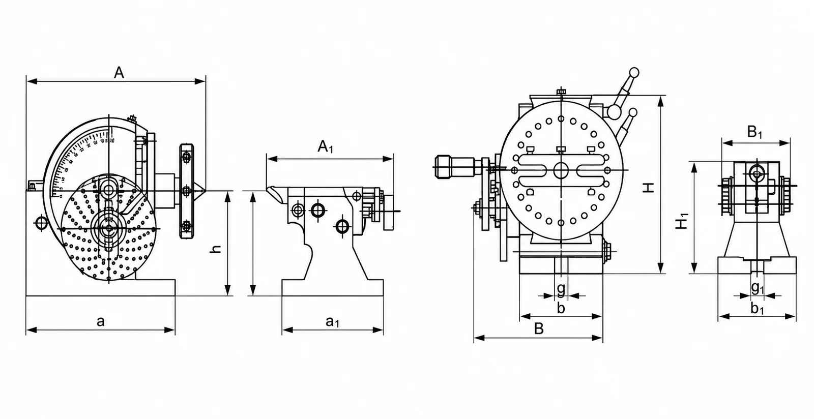 Diagrama técnico del Cabezal Divisor Semi-Universal BS-0 con referencias A, A1, B, B1, a, a1, b, b1, H, H1, h y g