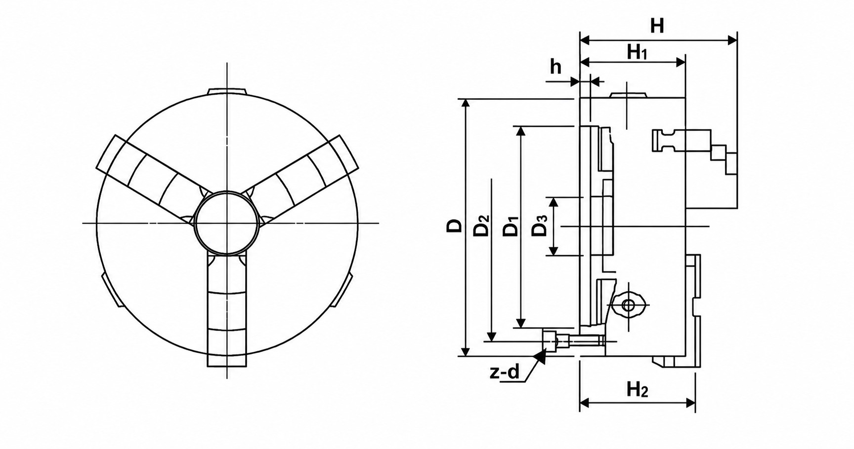 Diagrama técnico de dimensiones de la copa para torno K11: referencias D, D1, D2, D3, H, H1, h y z-d